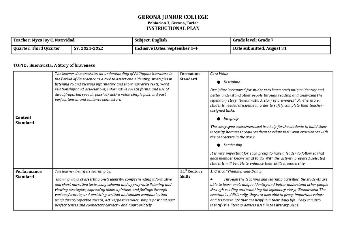 Natividad Instructional Plan English. Third Year college students