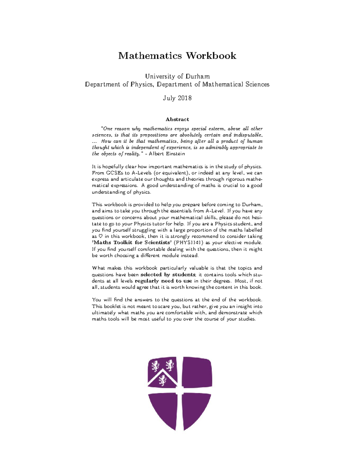 Maths Workbook Mathematics Workbook University of Durham Department