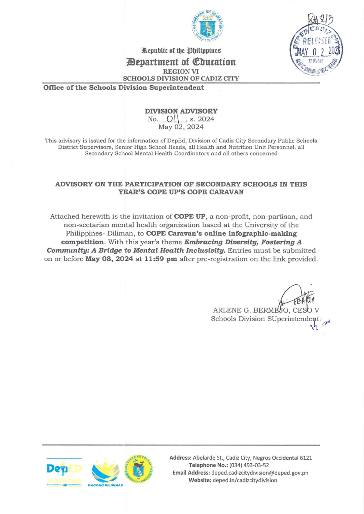Div. Advisory No. 011, s. 2024 Advisory on the participation of ...