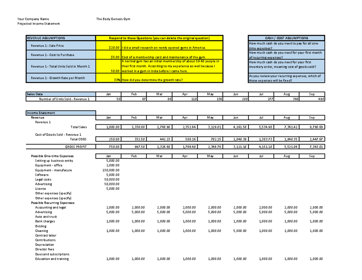 Your Company Income Statement With Assumptions Completed - Your Company 