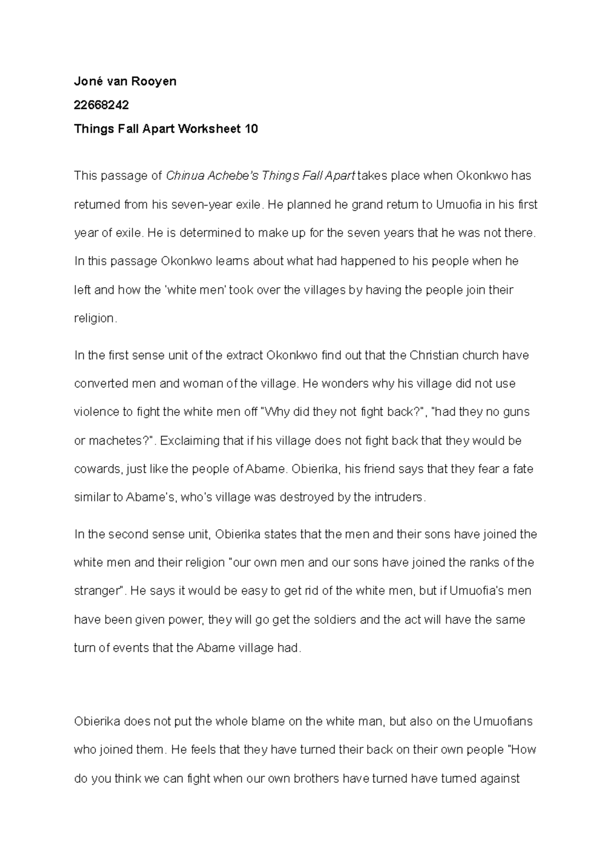 Worksheet 10 Things Fall Apart Joné van Rooyen 22668242 - Joné van ...