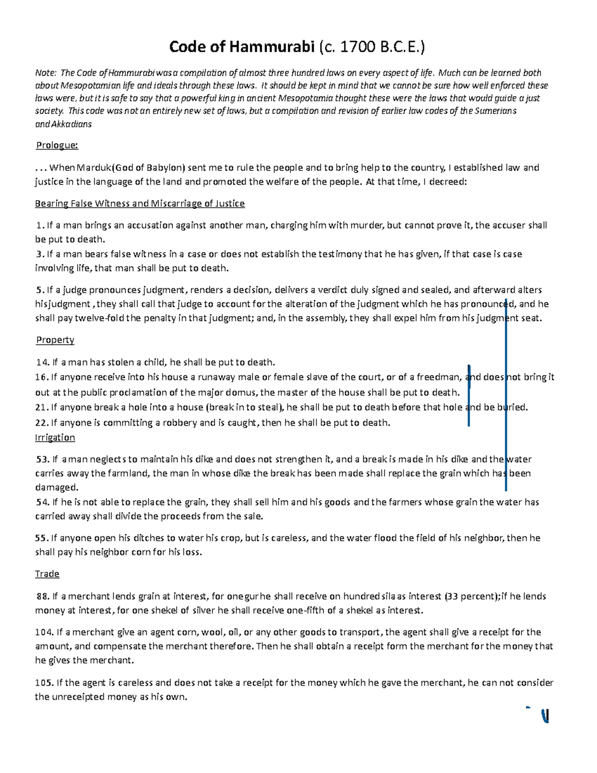 Code of Hammurabi sorted by topic Code of Hammurabi (c. 1700 B.C
