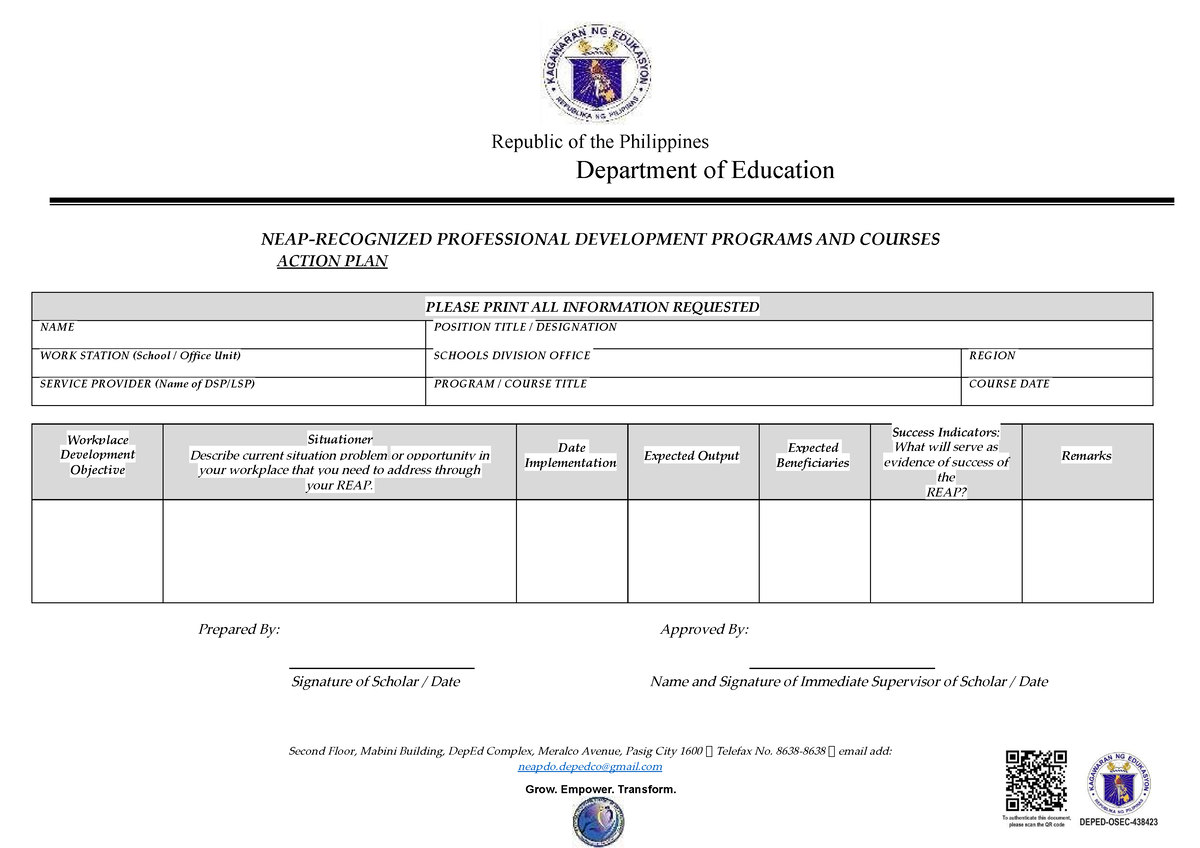 Enclosure K (scholars Action Plan) - Republic Of The Philippines 