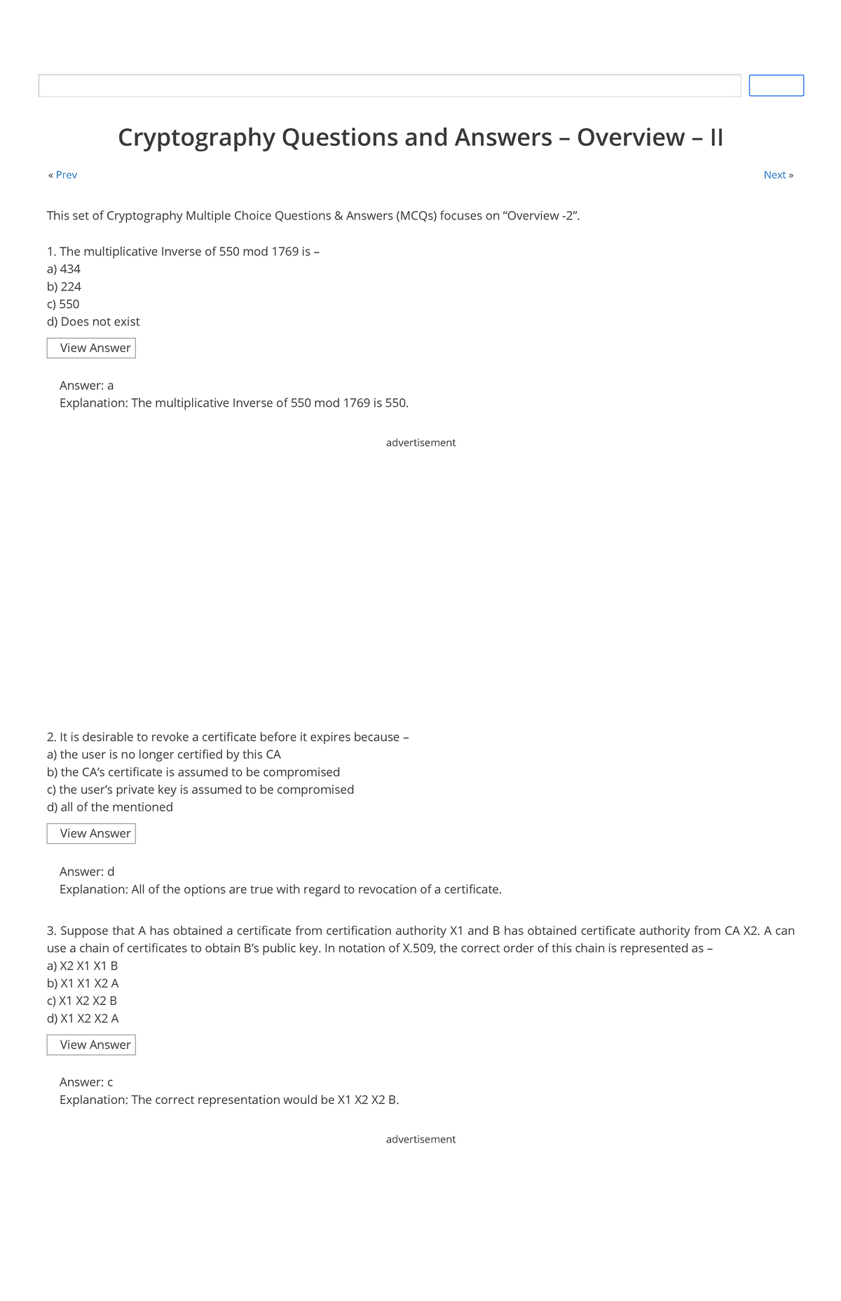 Cryptography MCQ Questions And Answer - « Prev Next » Cryptography ...