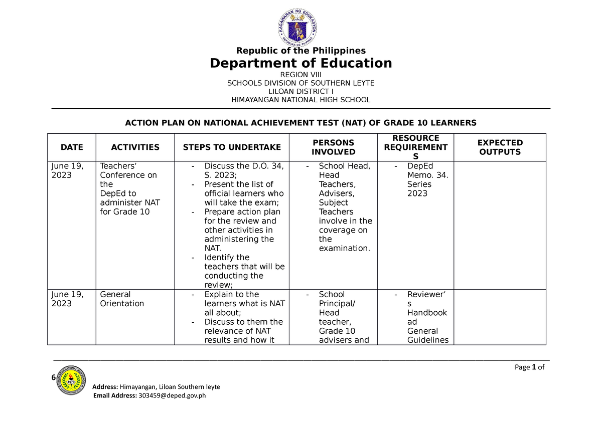 Action Plan Nat National Achievement Test Republic Of The Philippines Department Of 6465