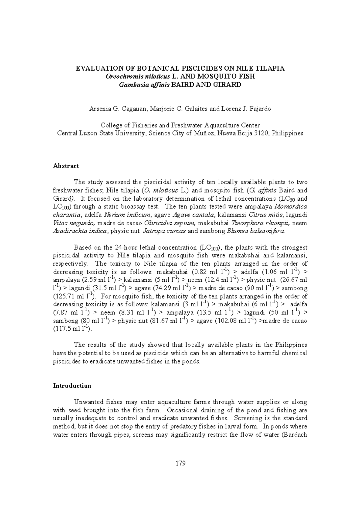 179 - 9k o - EVALUATION OF BOTANICAL PISCICIDES ON NILE TILAPIA ...