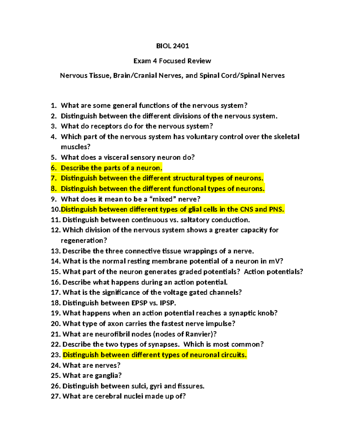 BIOL 2401 Exam 4 Focused Review - BIOL 2401 Exam 4 Focused Review ...
