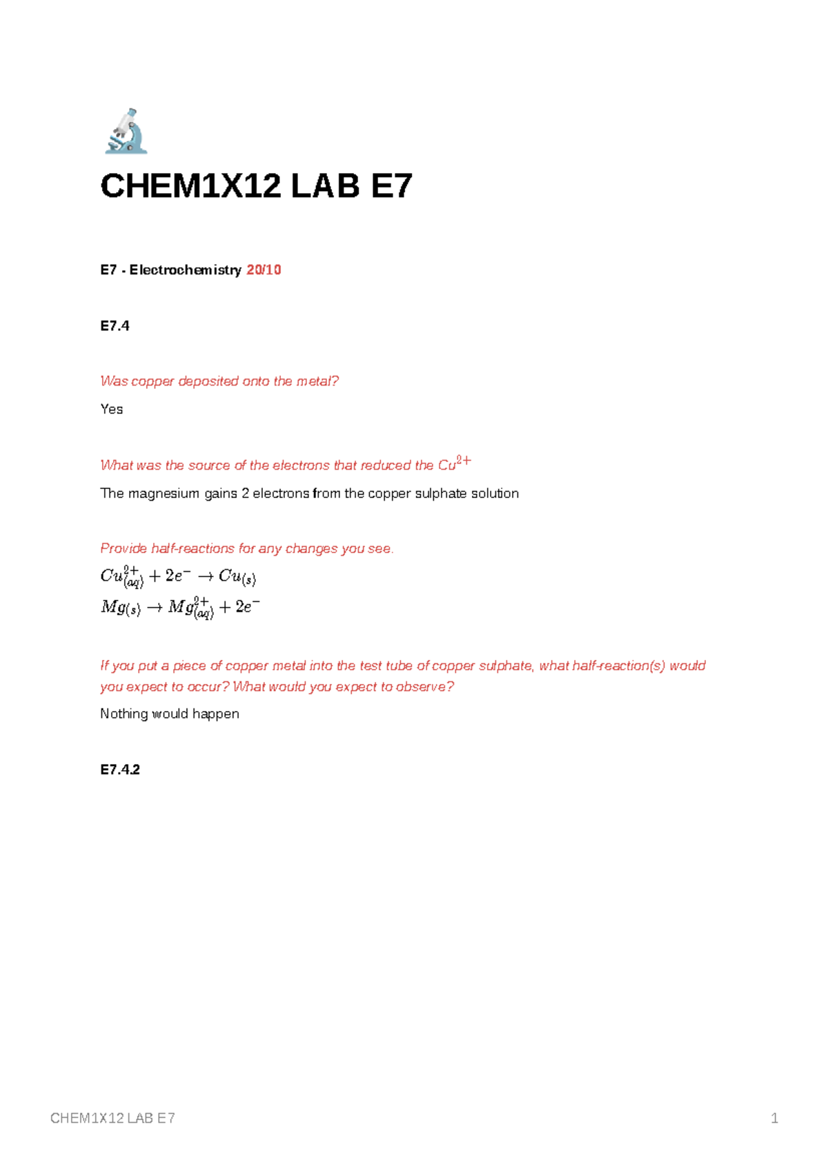 CHEM1X12 LAB E7 - CHEM1X12 LAB E E7 - Electrochemistry 20/ E7. Was ...