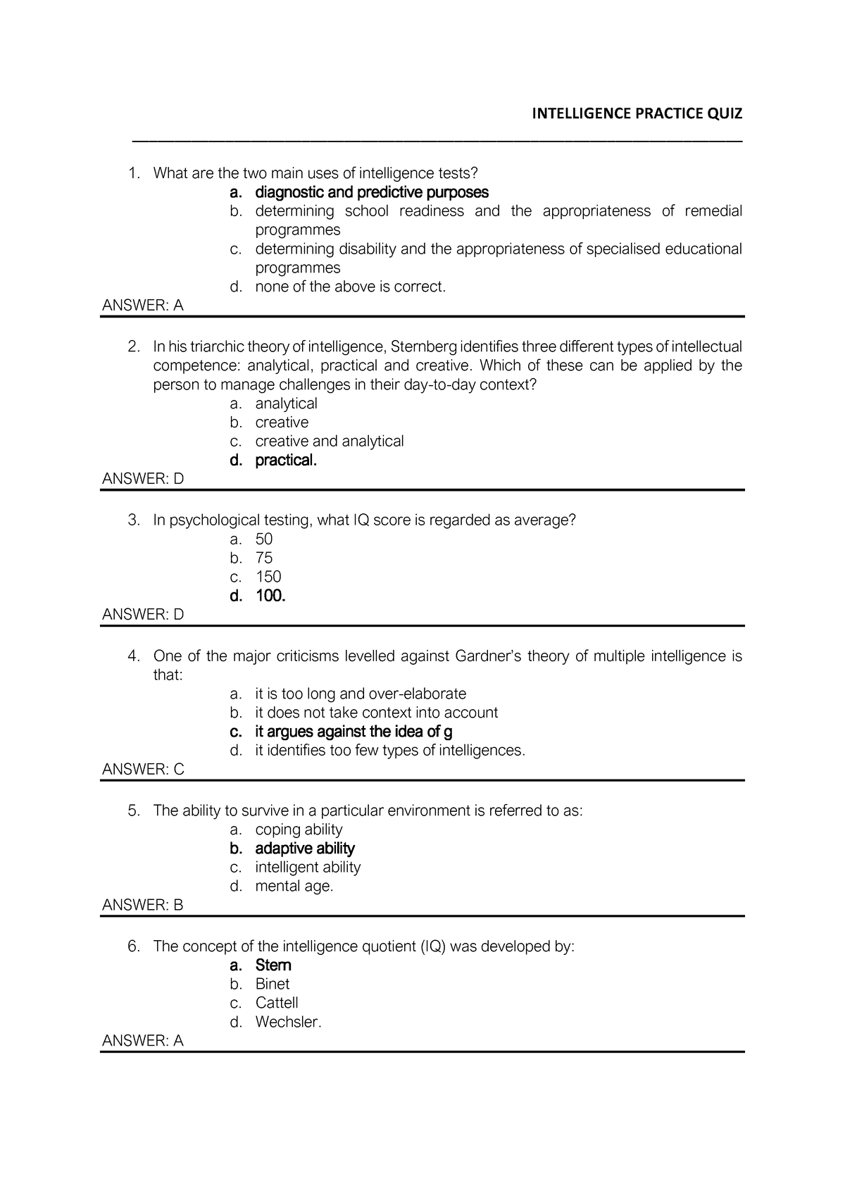 Intelligence Chapter QUIZ - INTELLIGENCE PRACTICE QUIZ - Studocu