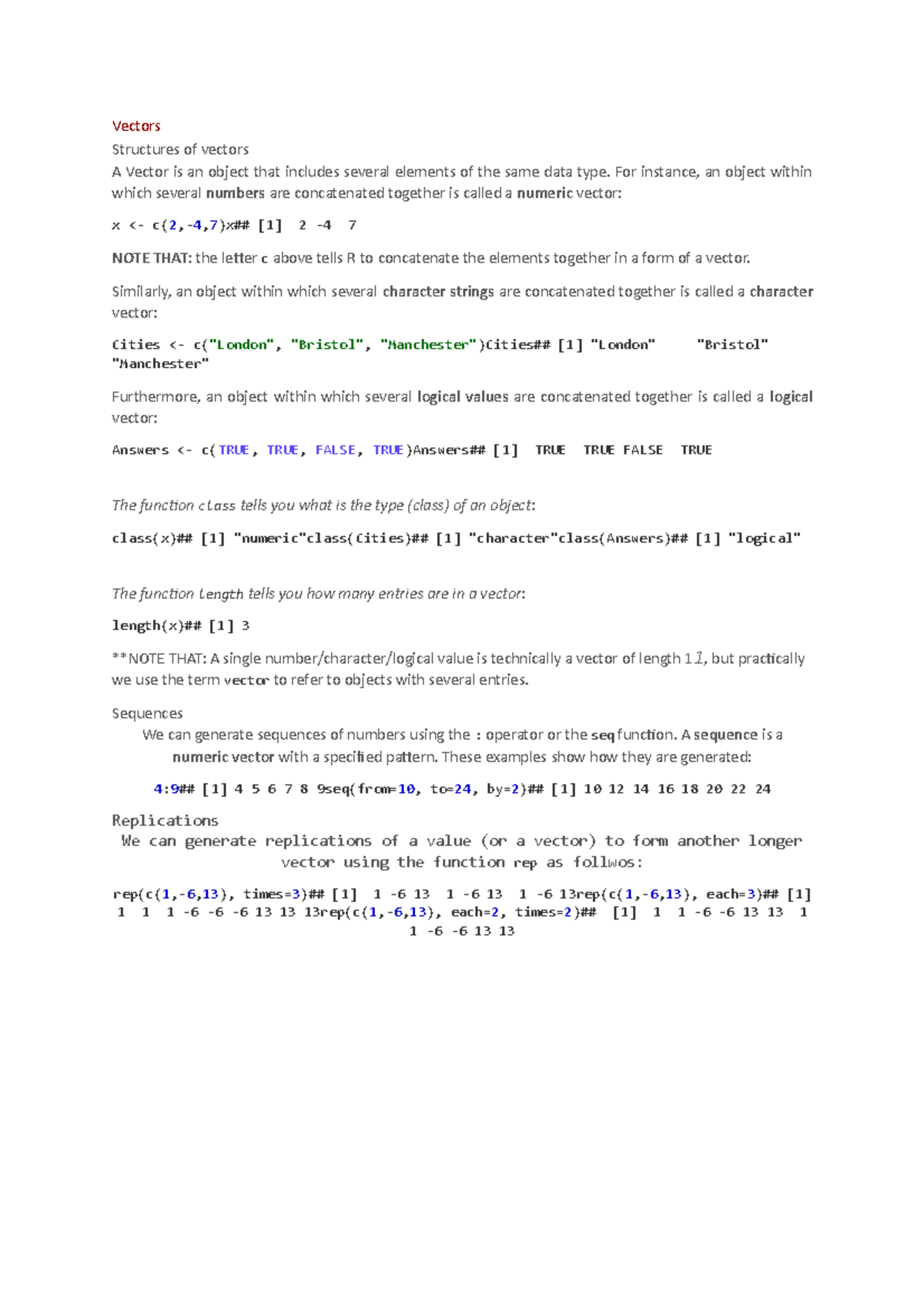 R studio - basic - Vectors Structures of vectors A Vector is an object ...