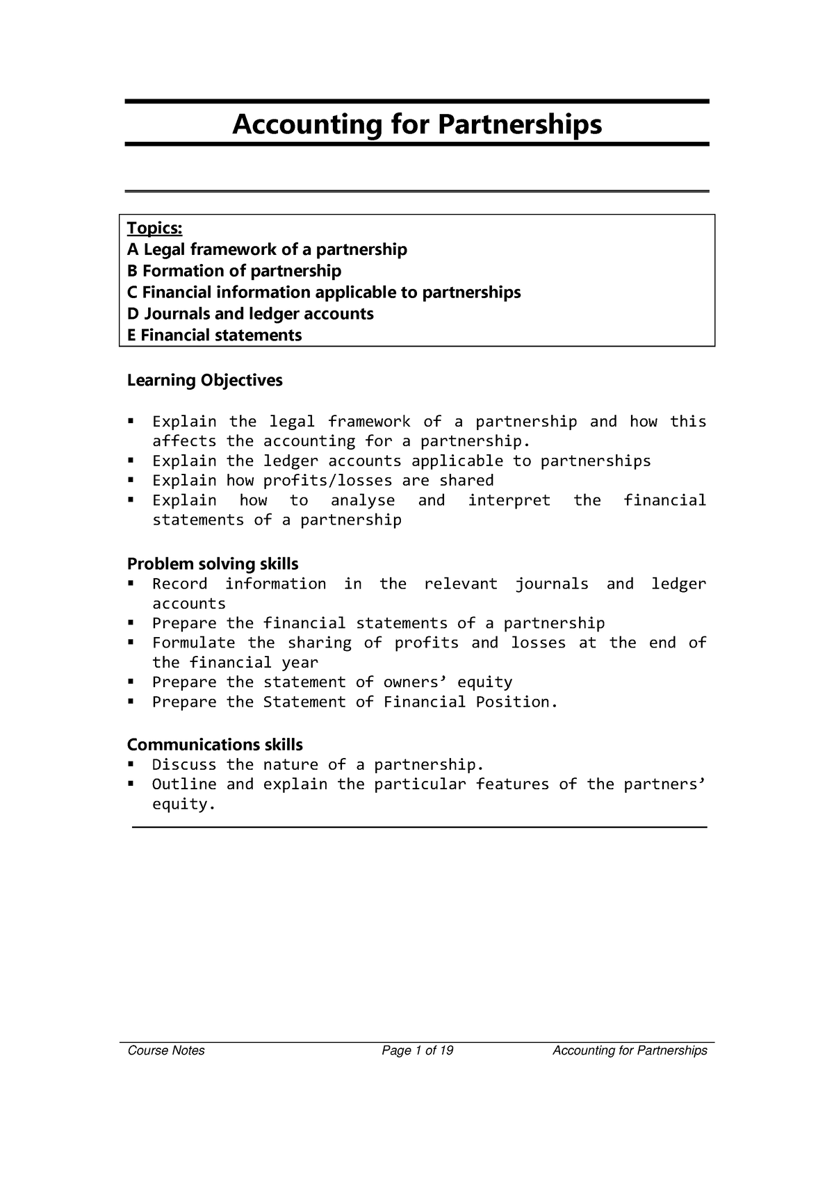 Week 17 And 18 Partnerships - Accounting For Partnerships Topics: A ...