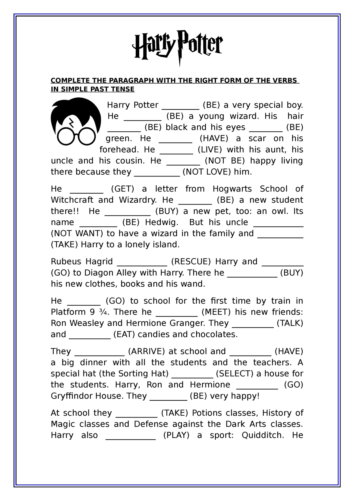 simple past tense harry potter worksheet templates layouts 102364 complete the paragraph with the studocu