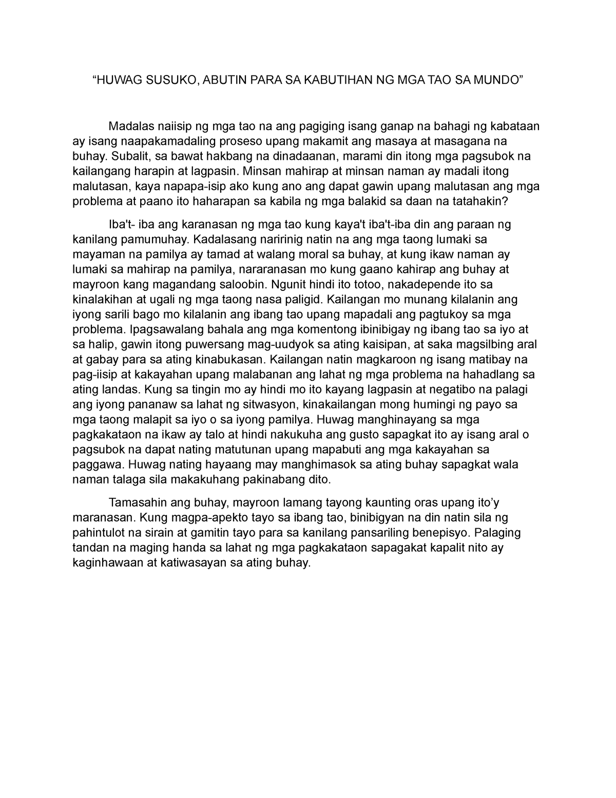 Talumpati Tungkol SA Kabataan - “HUWAG SUSUKO, ABUTIN PARA SA KABUTIHAN ...