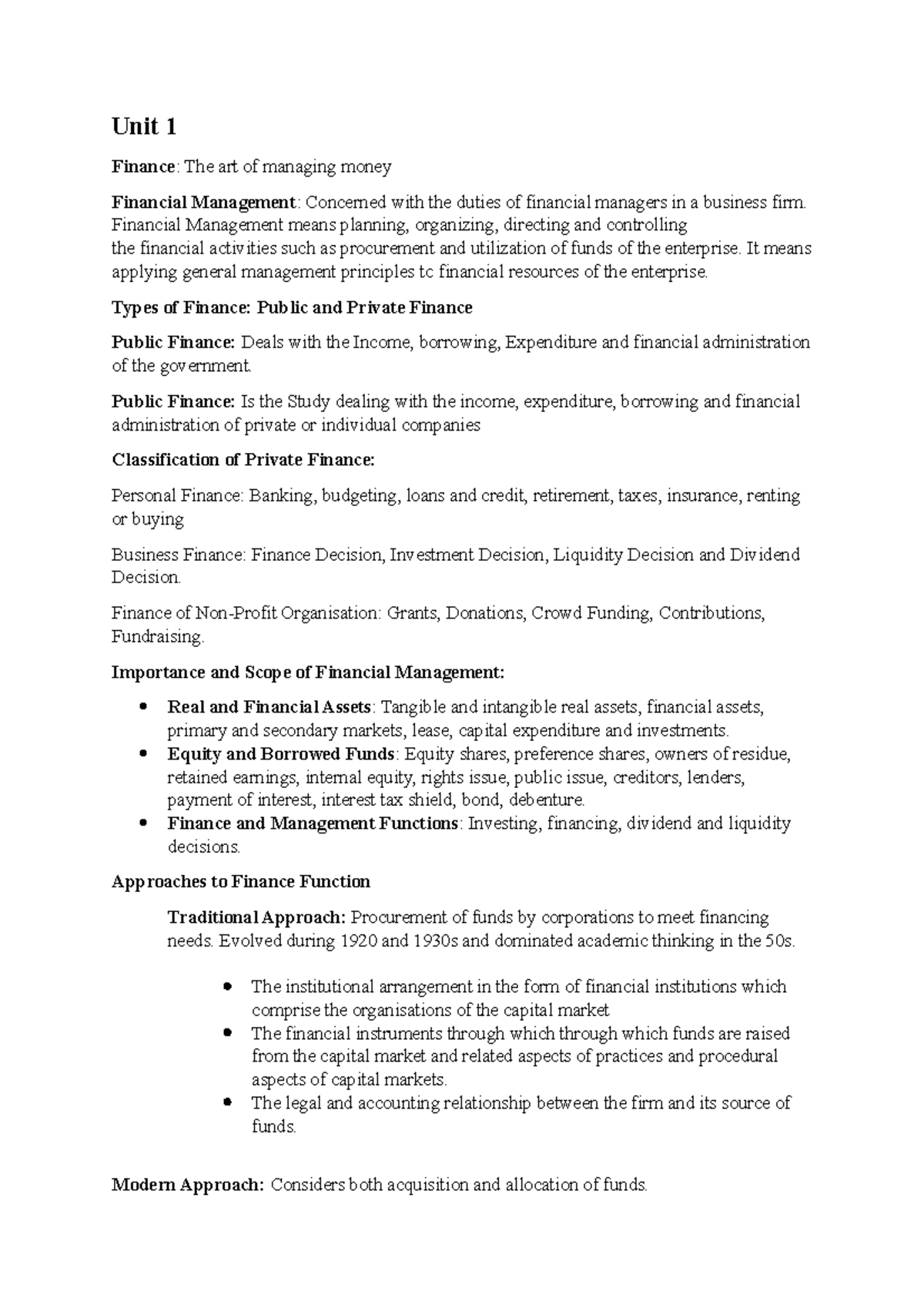 Unit 1 - Summary of Unit 1 Financial Management - Unit 1 Finance : The ...