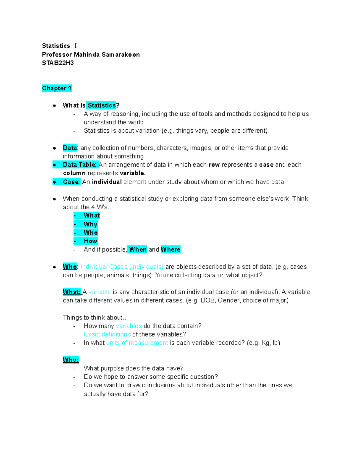 Statistics Chapter 1 Notes Statistics I Professor Mahinda