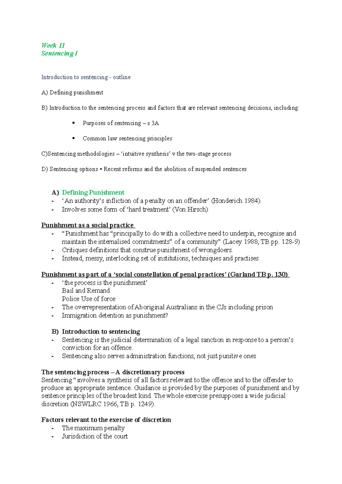 Week 11 crim - Lecture notes lecture week 11 sentencing - Week 11 ...