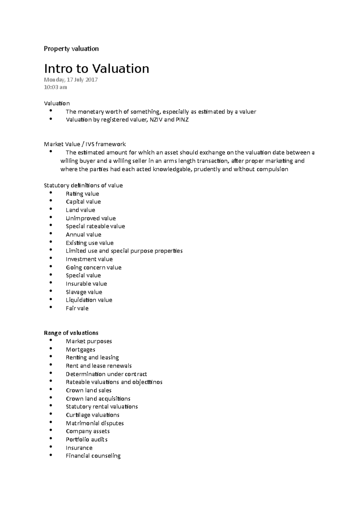 Property Valuation - Lecture Notes All - Property Valuation Intro To ...