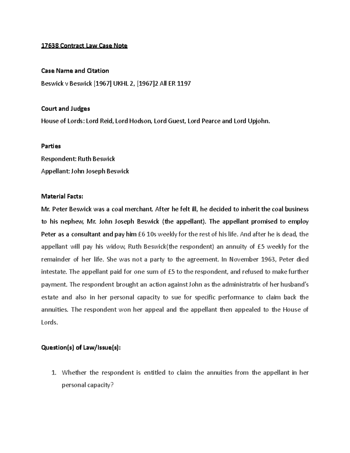 Beswick V Beswick Case Note - 17638 Contract Law Case Note Case Name ...