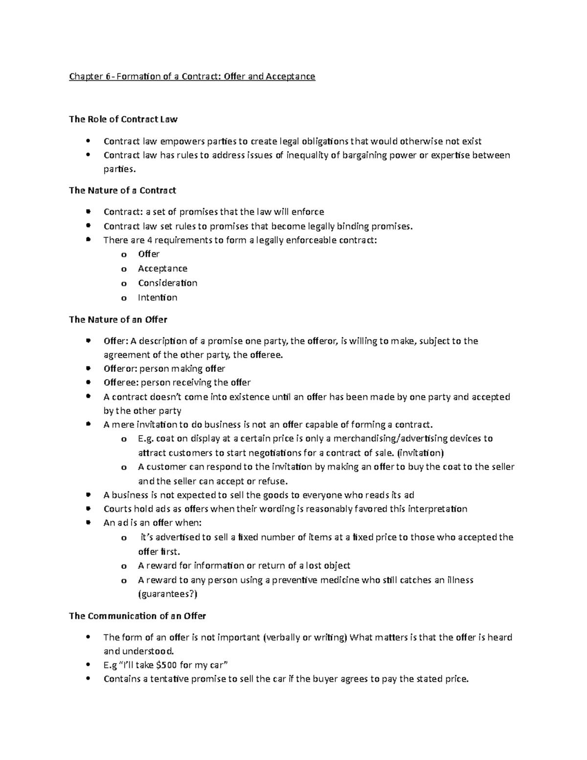 Chapter 6 + 7 Notes - Chapter 6- Formation of a Contract: Offer and ...