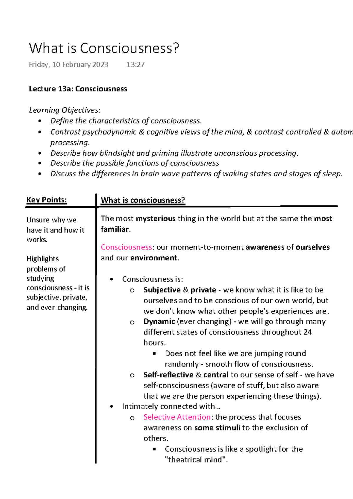 What is Consciousness - Mind and Behaviour: Psychology Year 1 - What is ...