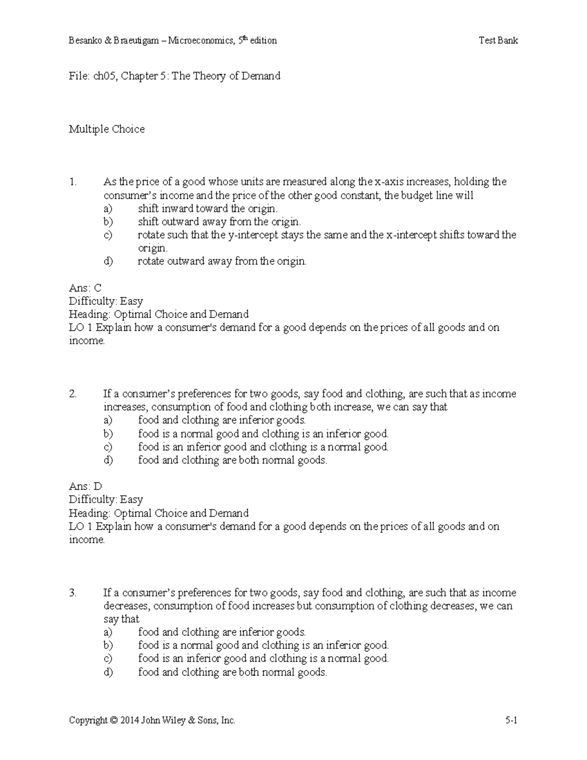 Chapter 5 Microeconomics By David Besanko Ronald Braeutigam Test 
