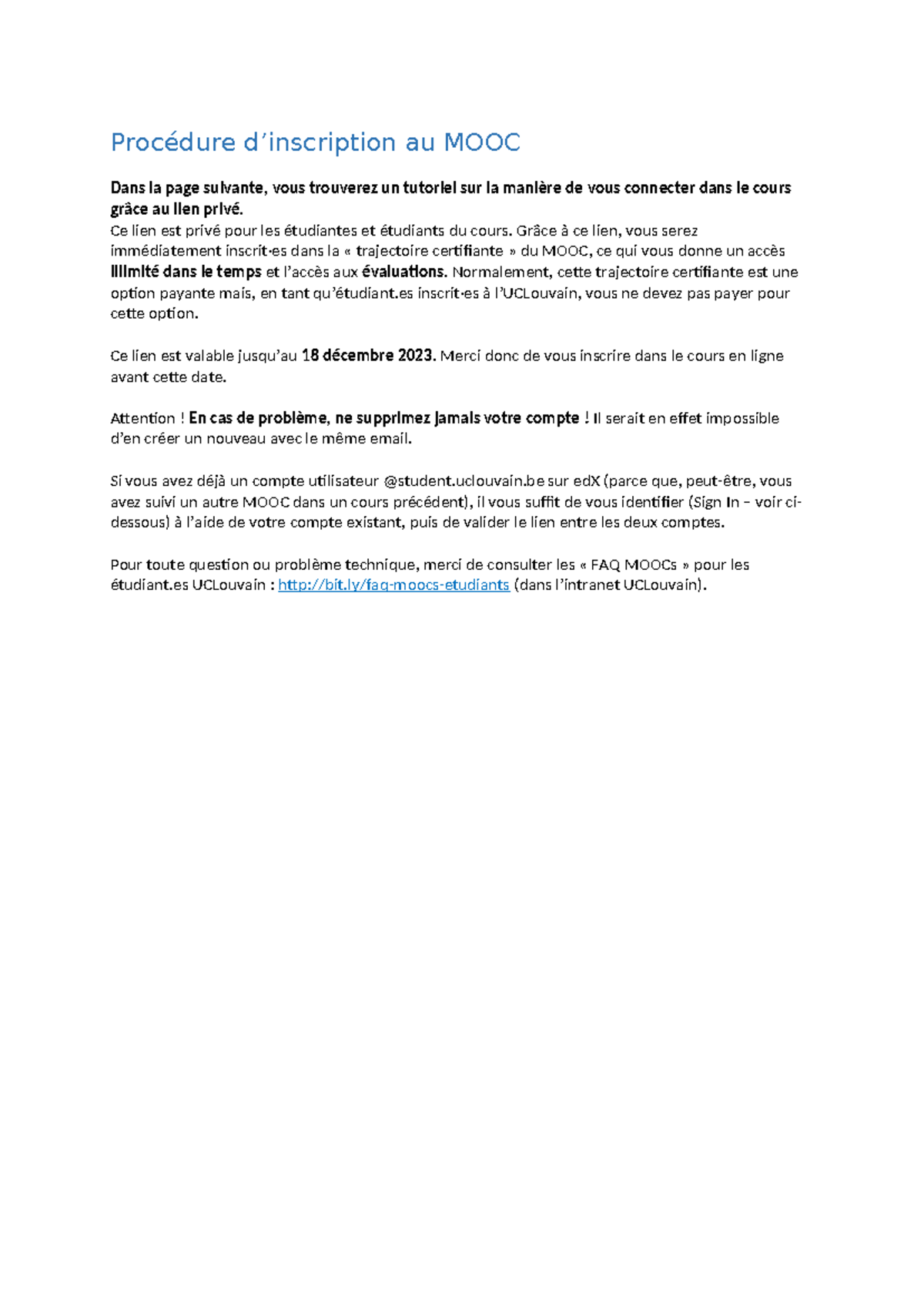 Consignes 2023-2024 UCLouvain - Procédure d’inscription au MOOC Dans la ...