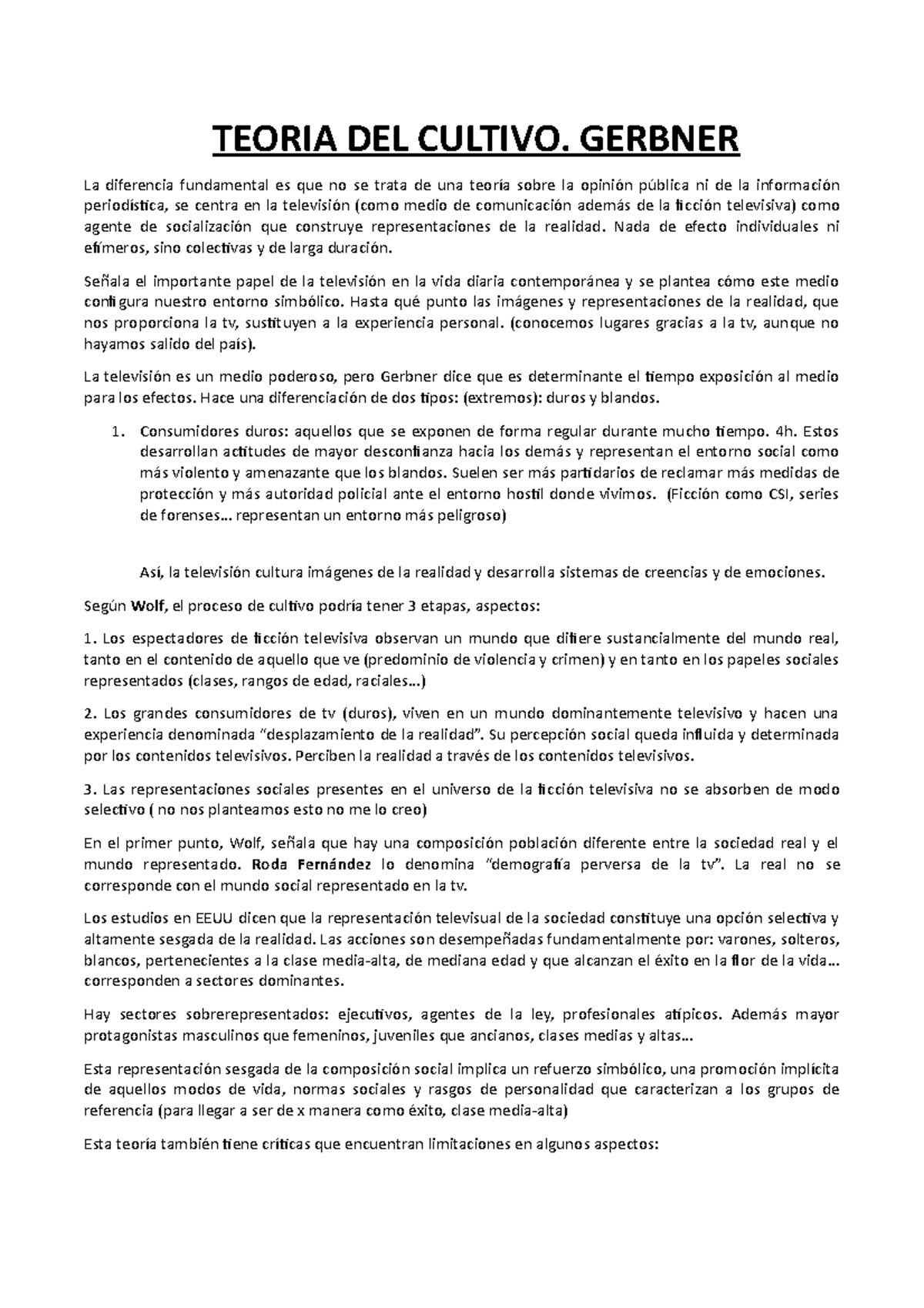 Teoría del cultivo - Apuntes examen final - TEORIA DEL CULTIVO. GERBNER ...