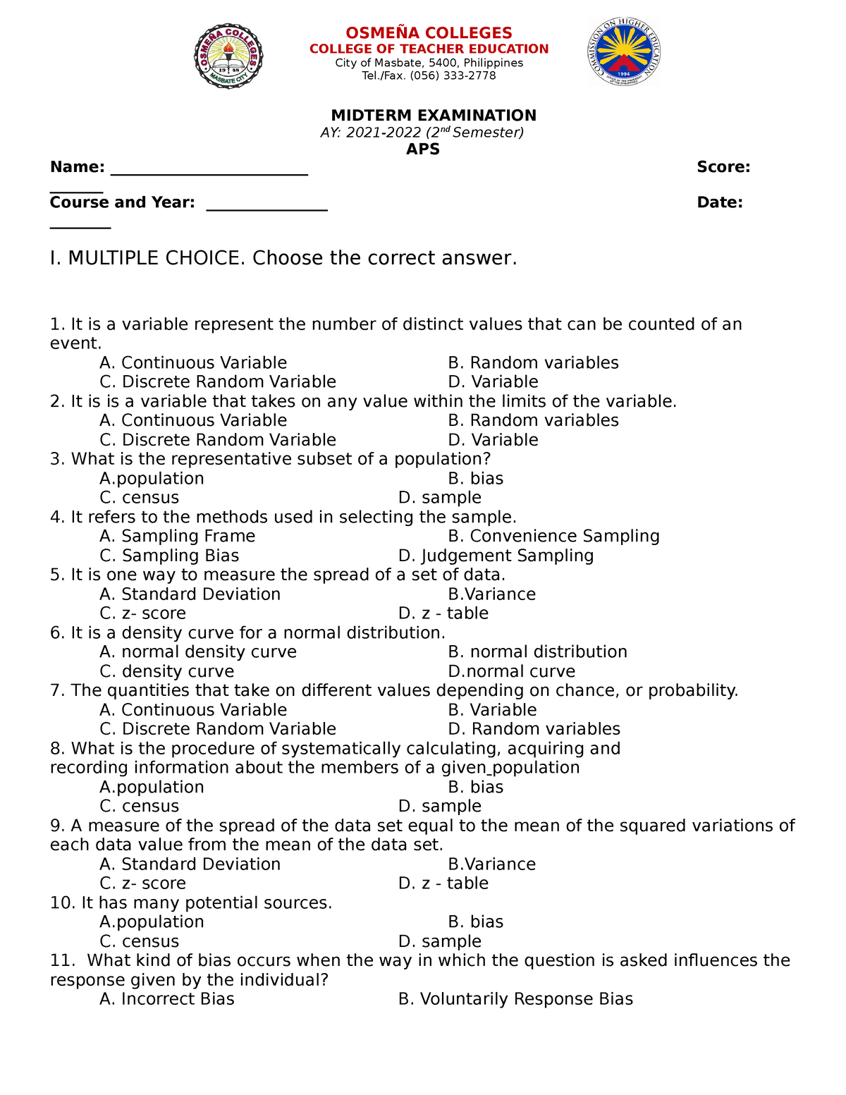 Midterm Exam - Advance Statistics And Probabilitydfghhdd - MIDTERM ...