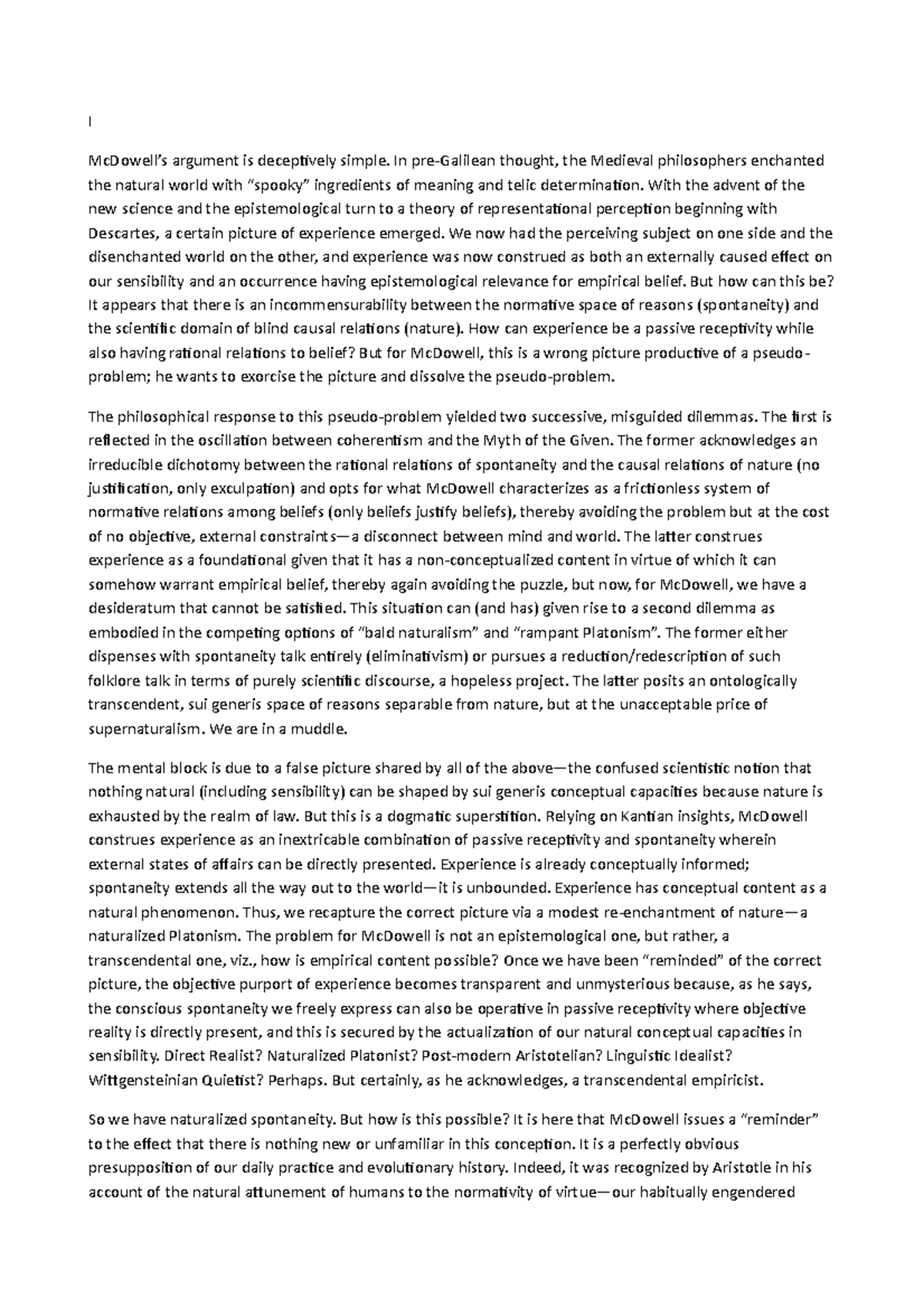 Mind aand world - I McDowell’s argument is deceptively simple. In pre ...