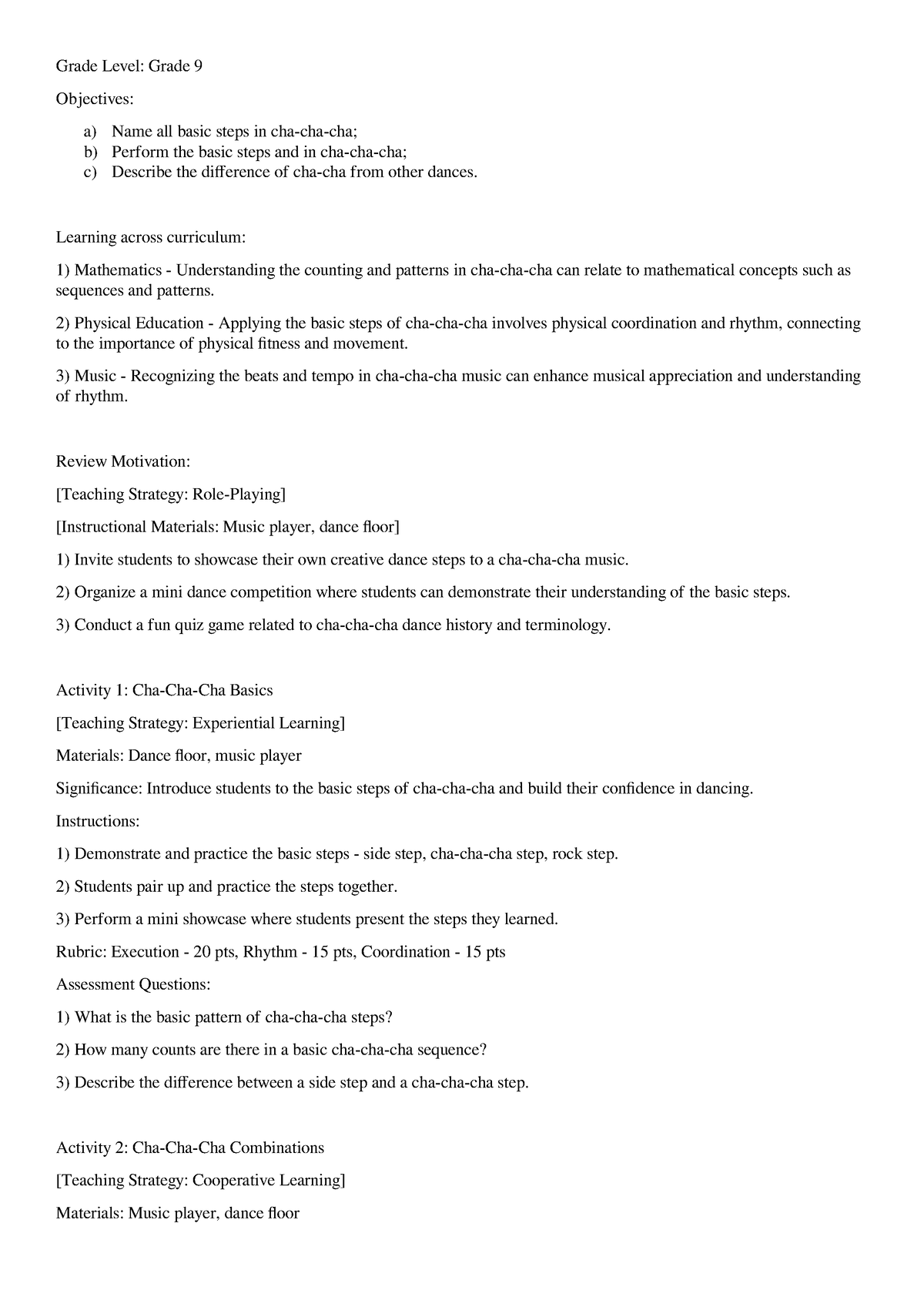 Chacha Lesson Plan - AWESRwaerawert - Grade Level: Grade 9 Objectives ...