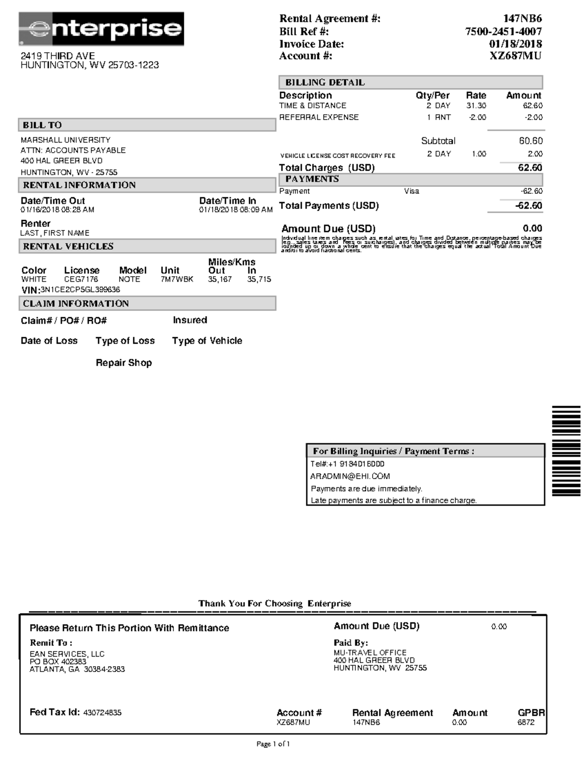 Vehicle Rental Invoice - BILLING DETAIL Description Qty/Per Rate Amount ...