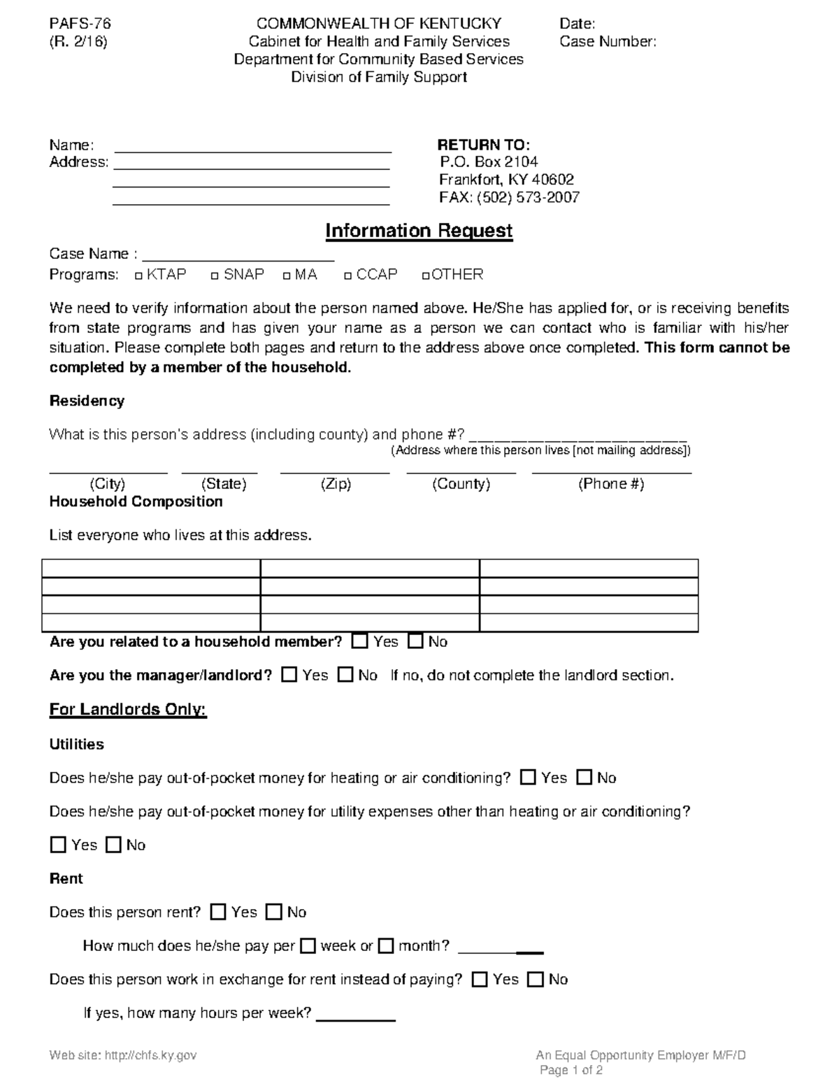 PAFS76 - food stamp - PAFS- 76 COMMONWEALTH OF KENTUCKY Date: (R. 2 /16 ...