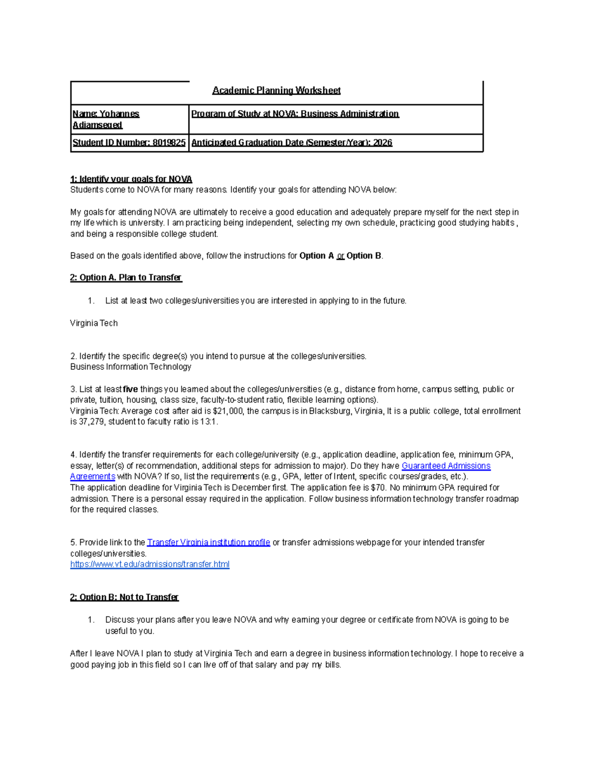 Academic Planning WorksheetYohannes Adiamseged Academic Planning