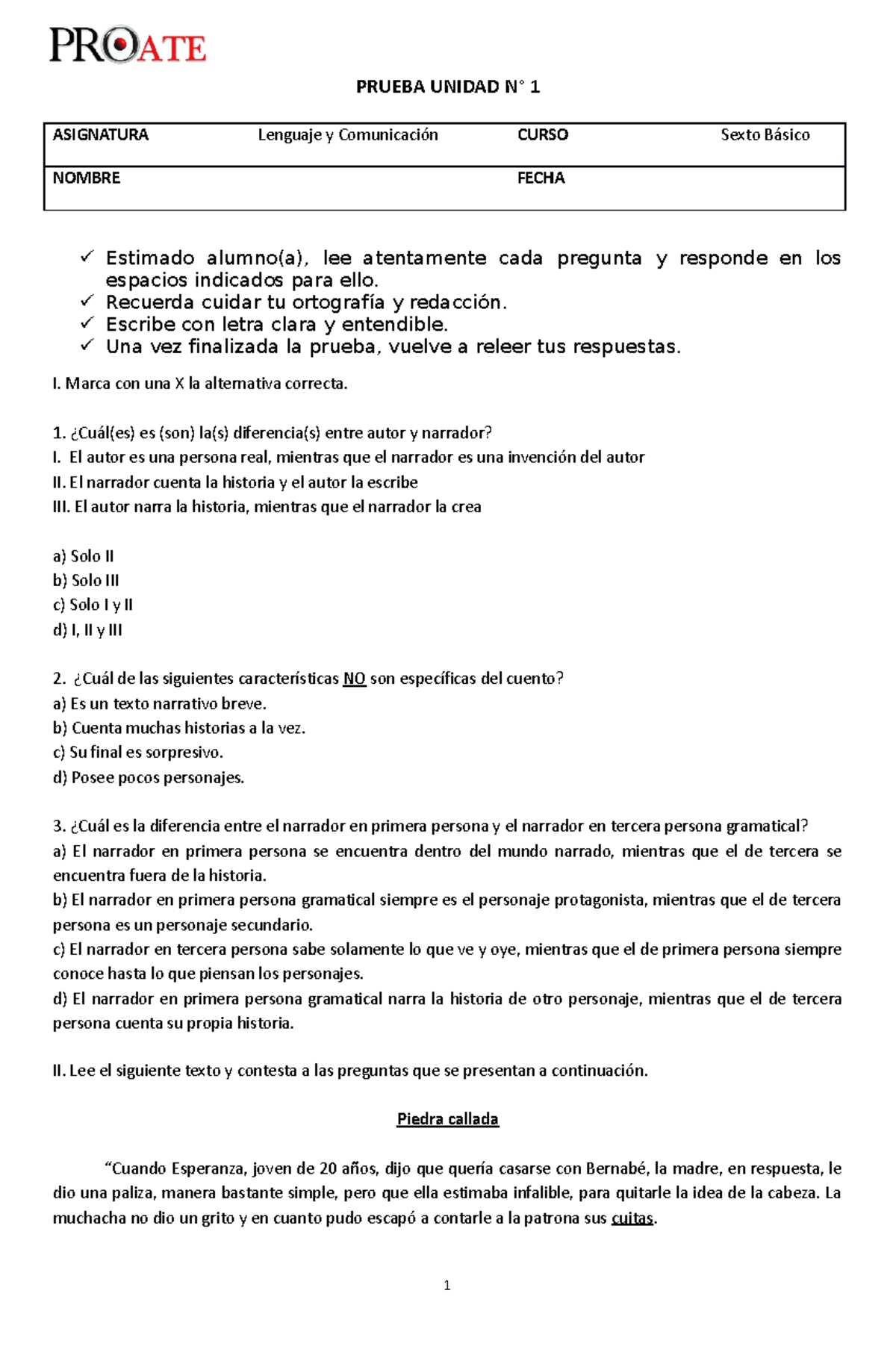 Lenguaje - Prueba I - 6 Basico - PRUEBA UNIDAD N° 1 ASIGNATURA Lenguaje ...