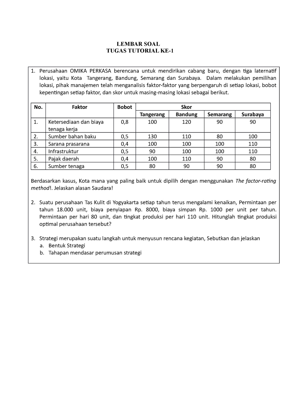 Soal EKMA4215 Tugas 1 - Manajemen Operasi - LEMBAR SOAL TUGAS TUTORIAL ...