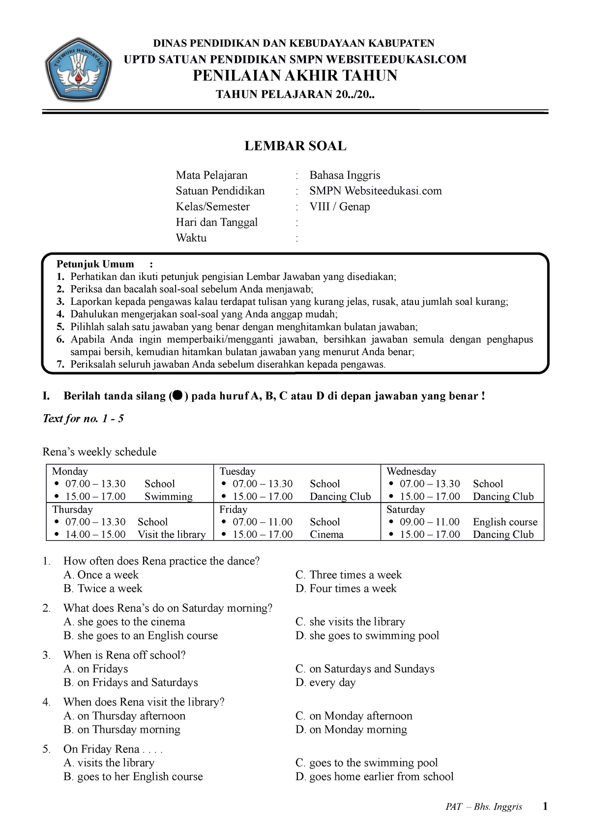 Soal PAT Kelas VIII - Bahasa Inggris (Websiteedukasi - DINAS PENDIDIKAN ...