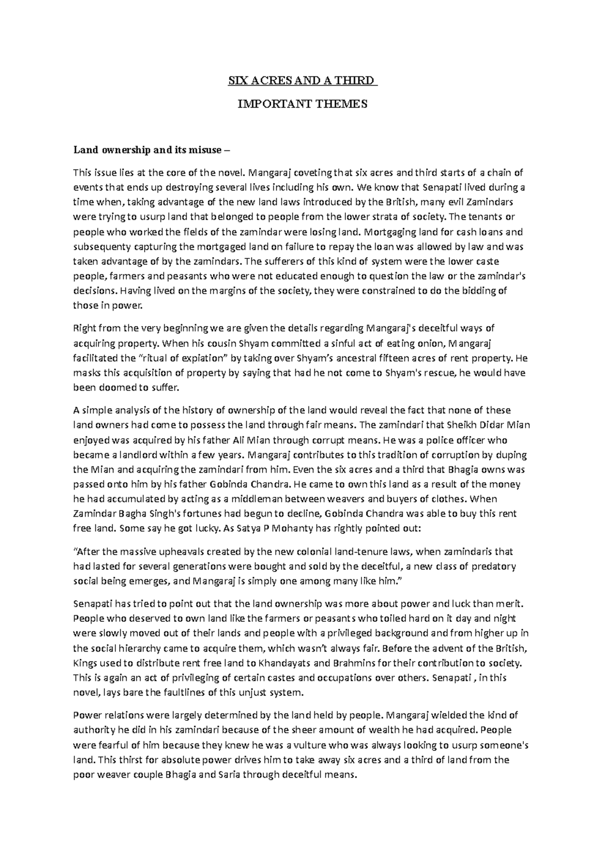 SIX Acres AND A Third SOL SIX ACRES AND A THIRD IMPORTANT THEMES Land