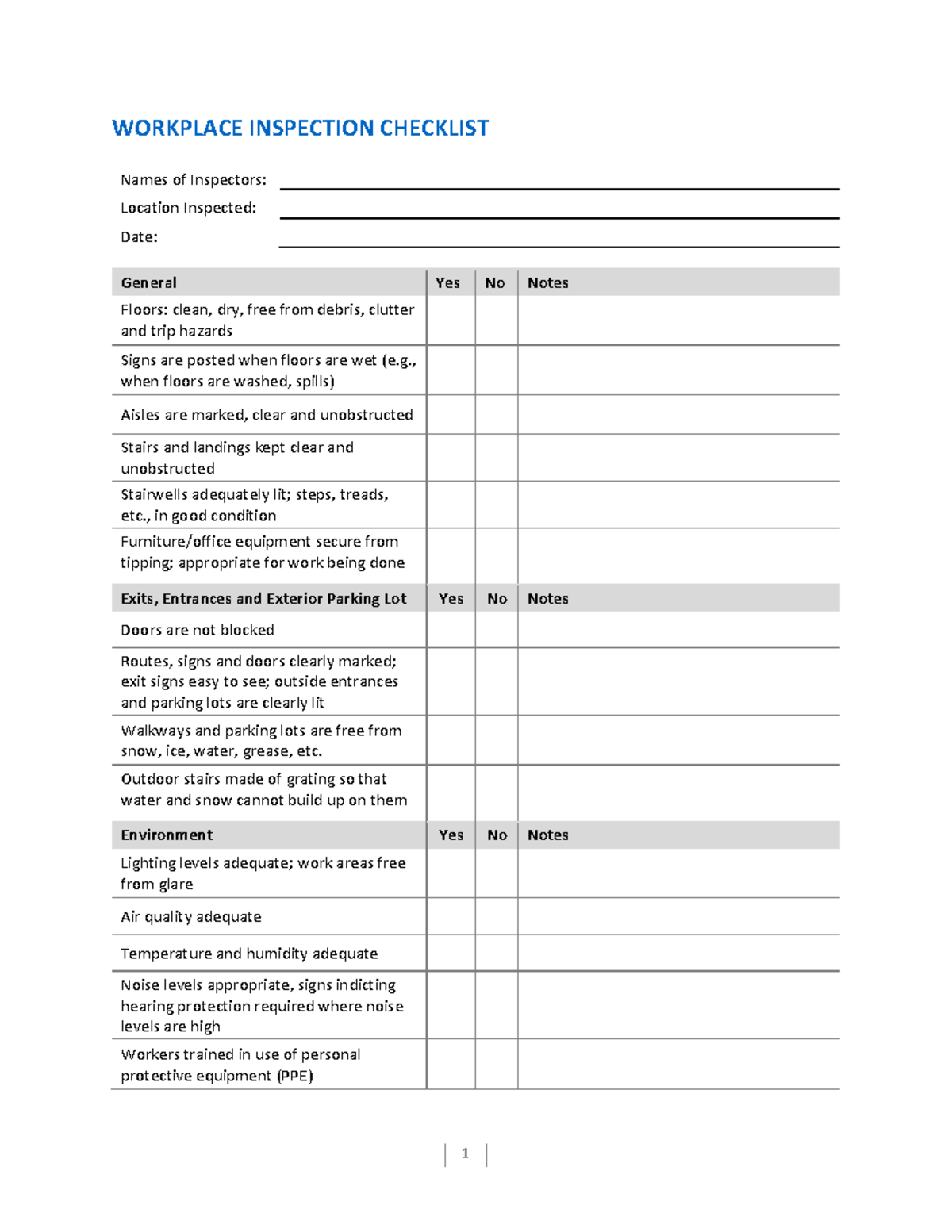 Workplace Inspection Checklist - Workplace Inspection Checklist Names 