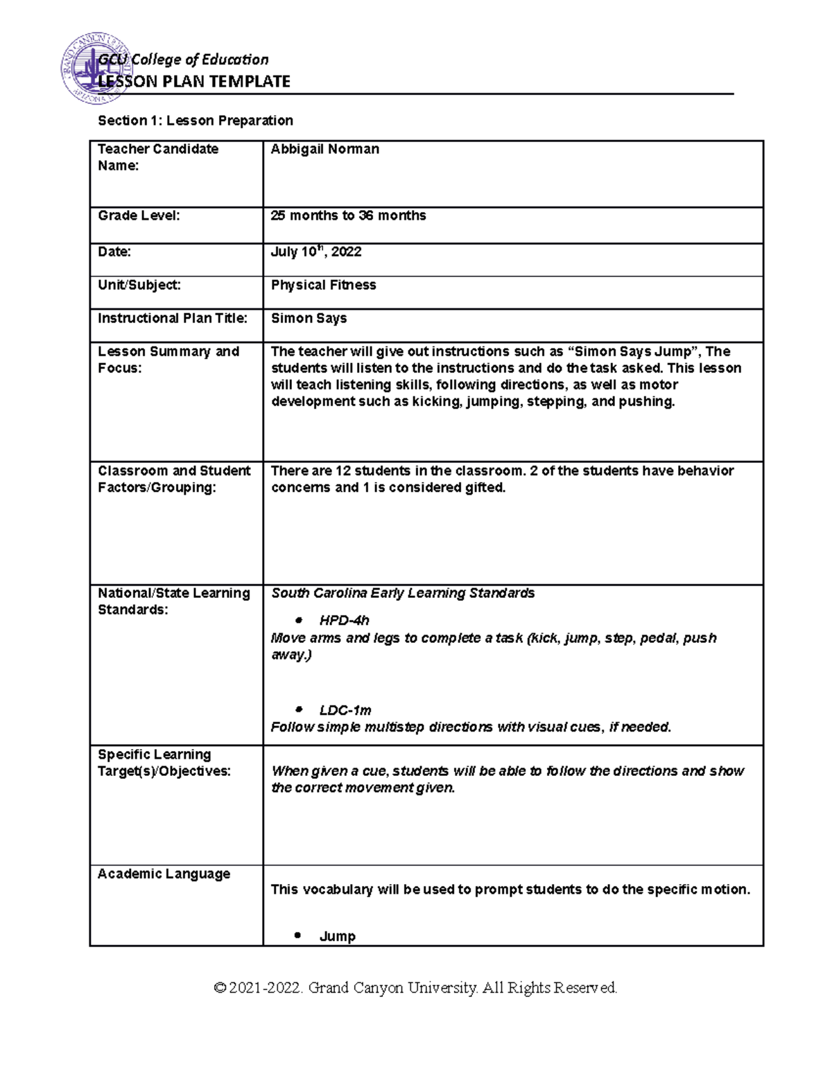 Fitness Lesson Plan AN - n/a - LESSON PLAN TEMPLATE Section 1: Lesson ...