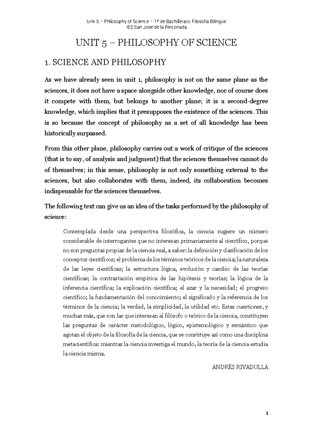 Unidad 5 - Philosophy of Science - IES San José de la Rinconada UNIT 5 ...