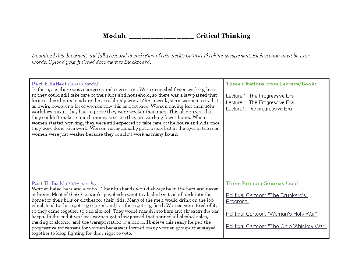 critical thinking module quizlet