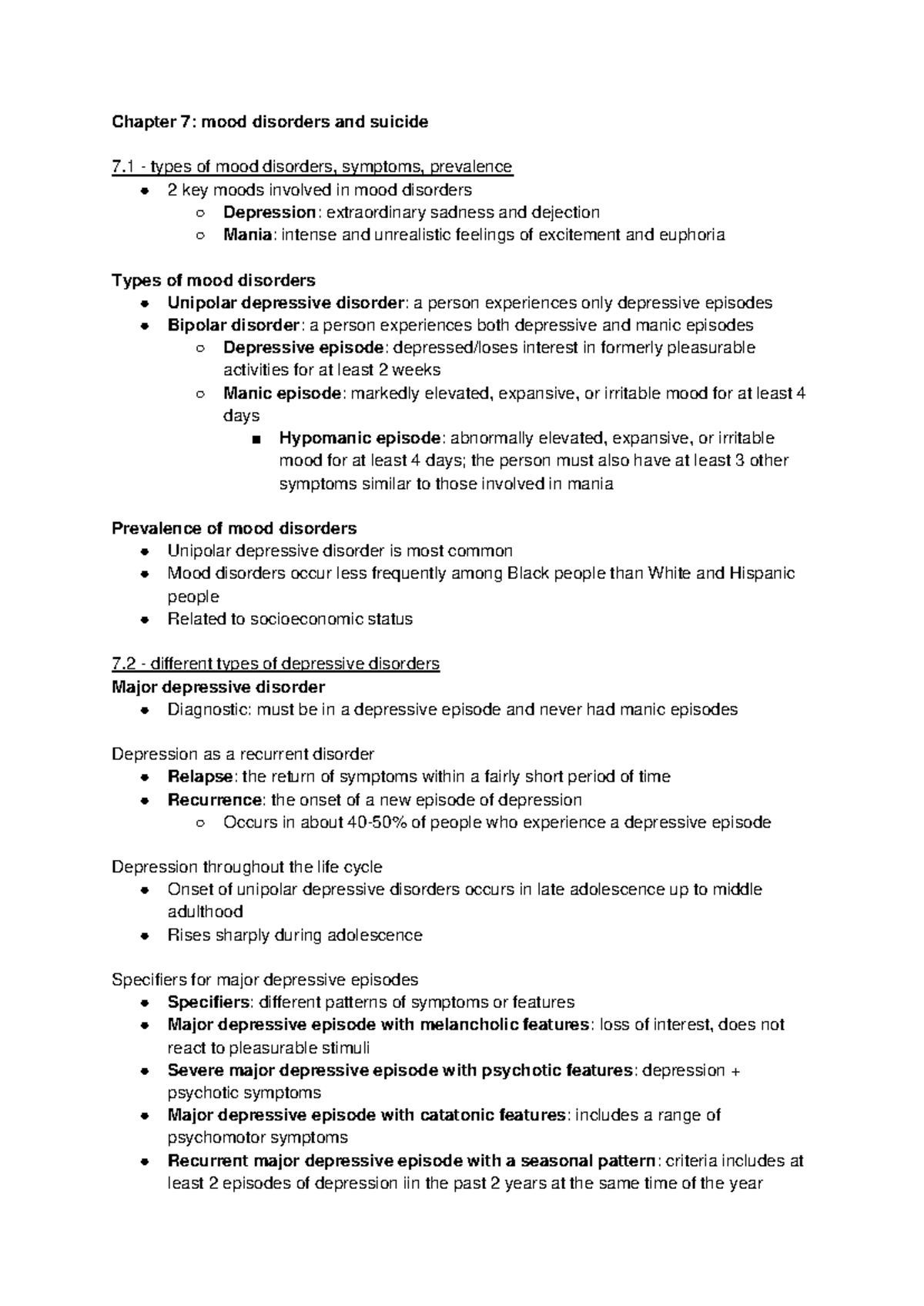 Chapter 7 - Chapter 7: mood disorders and suicide 7 - types of mood ...