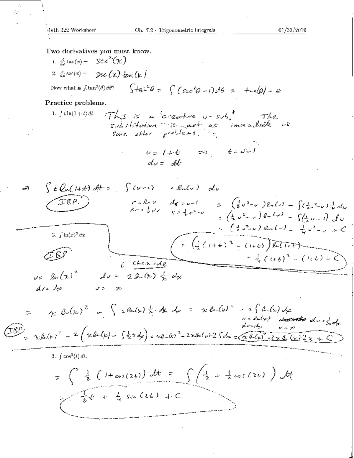 sheet with solutions - MATH 222 - cos cos cos 8 8 dw= - sin(x) + + = (½ ...