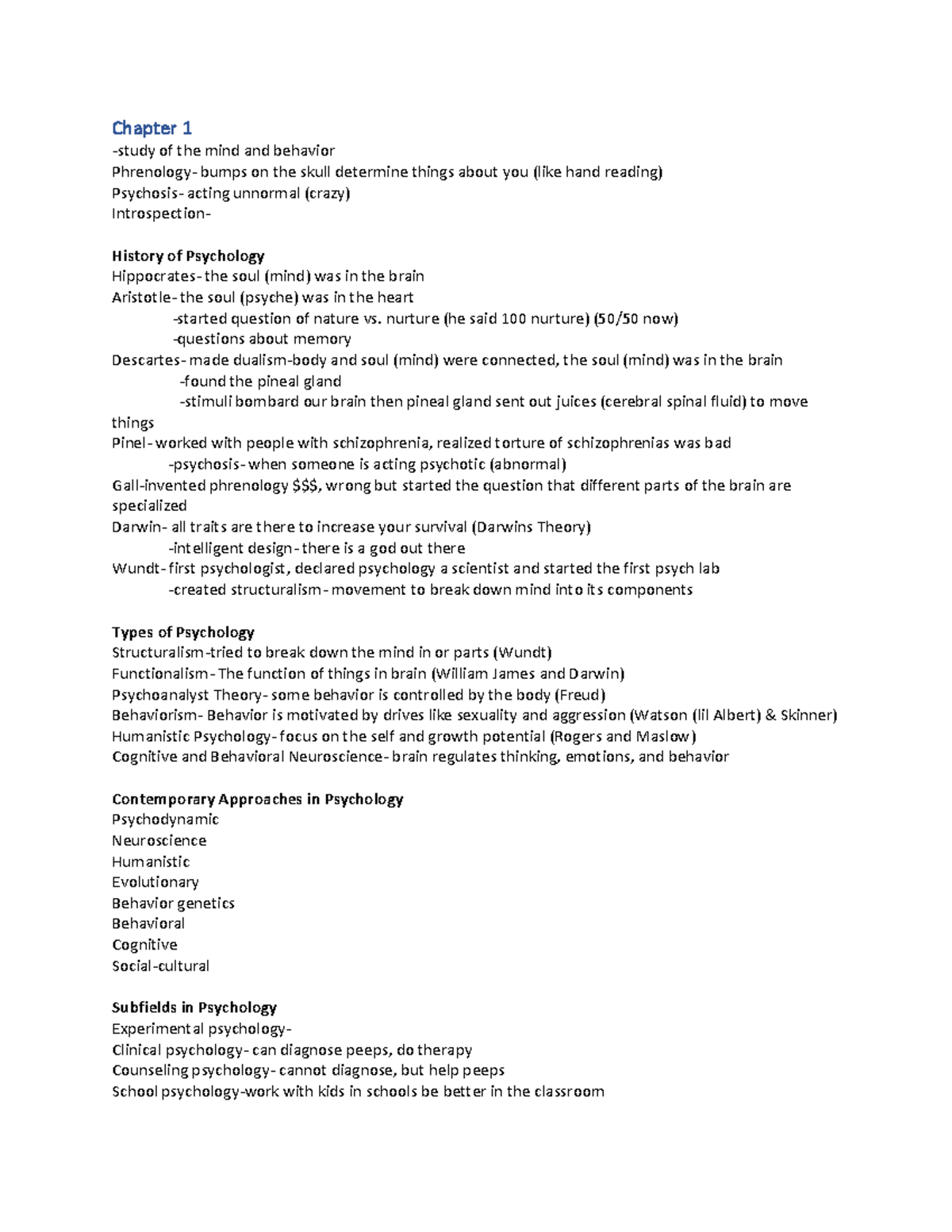 Intro Psych Ch1 - Notes On Chapter One - PSY 10001 - Notre Dame - Studocu