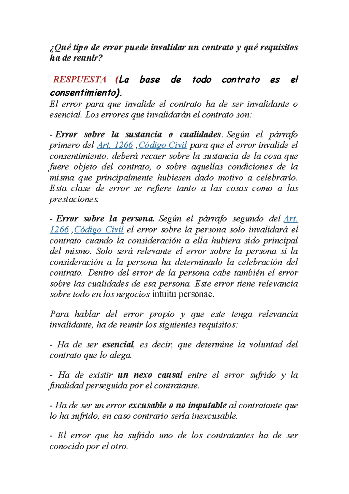 Qué tipo de error puede invalidar un contrato y qué requisitos ha de