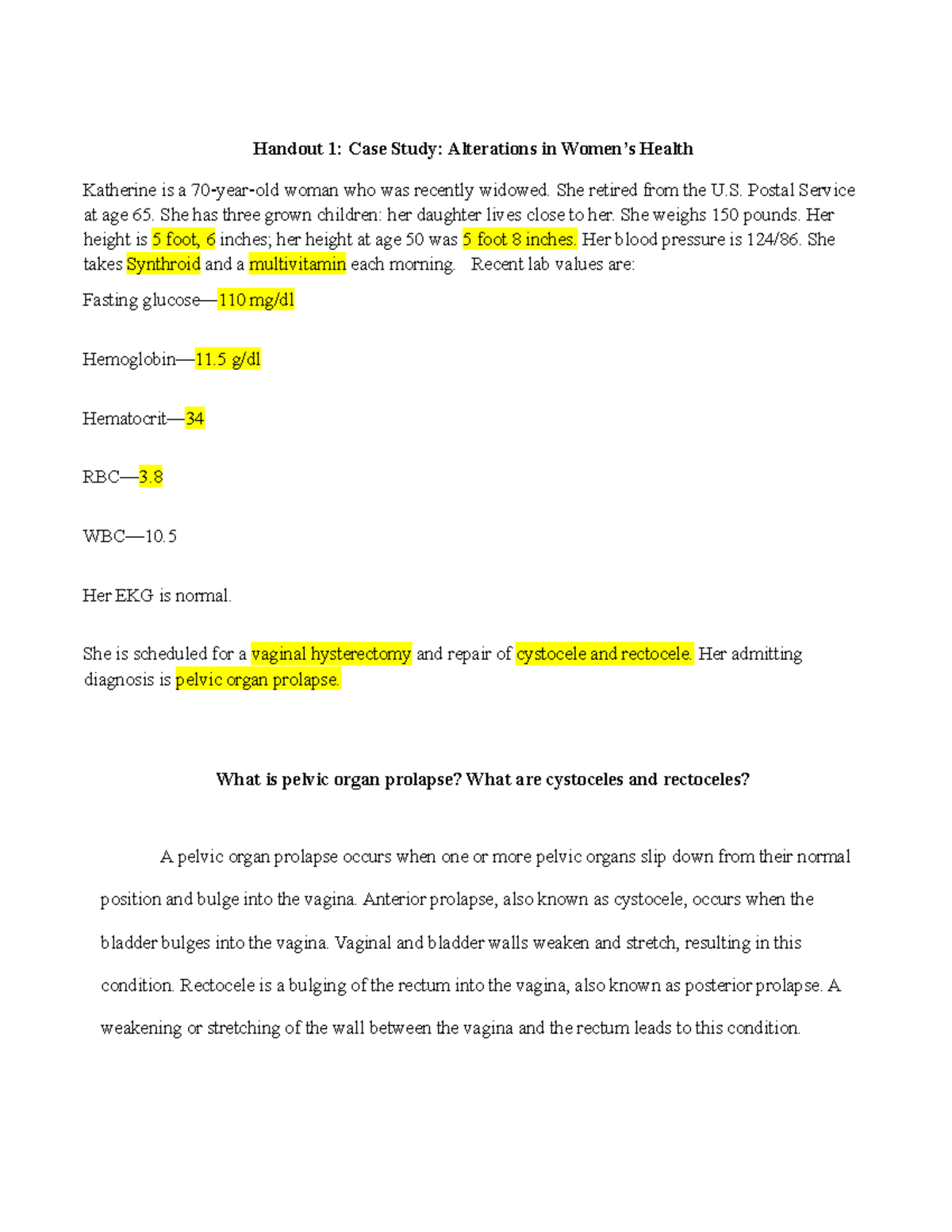 Module 5k Case Study Alterations in Women Health Handout 1 Case
