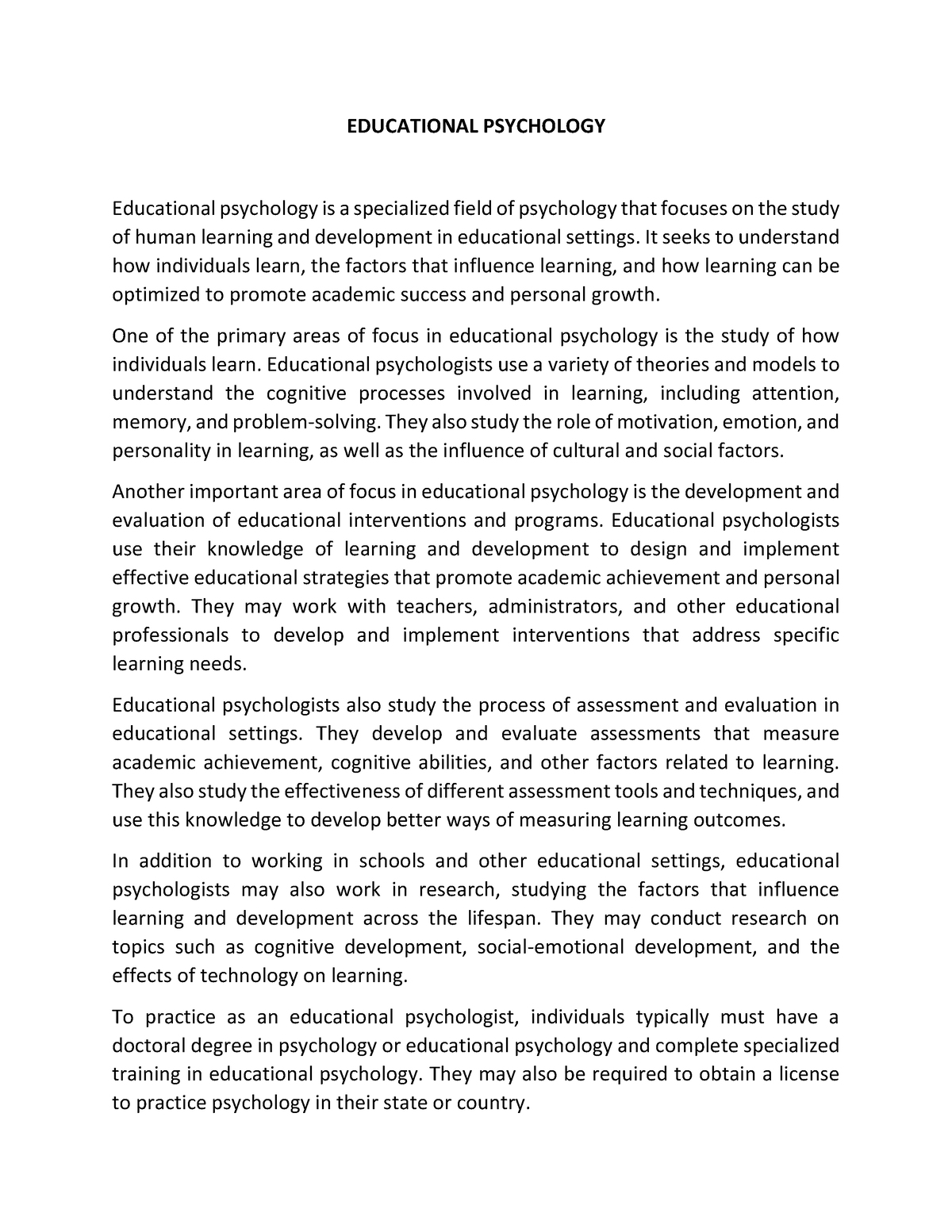 essay about educational psychology