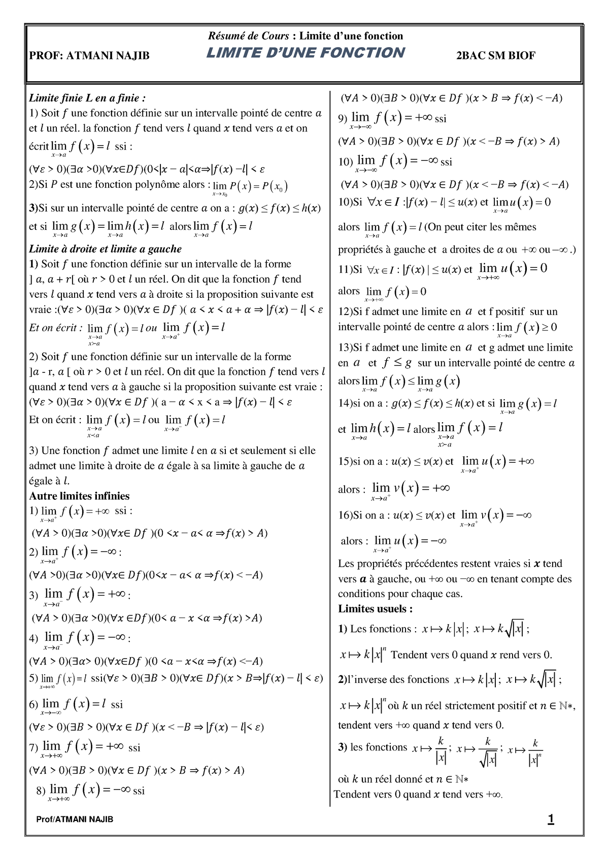 Resume Limites Et Continuite Prof Atmani Najib R Sum De Cours