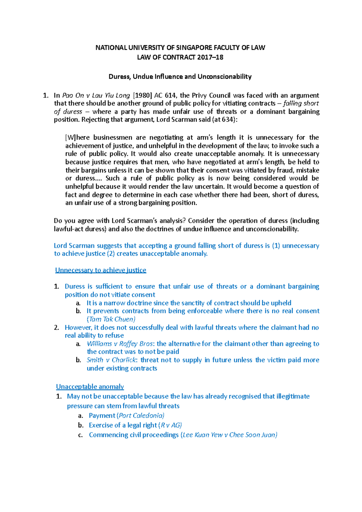 Tutorial 11 Duress Undue Influence Unconscionability - NATIONAL ...