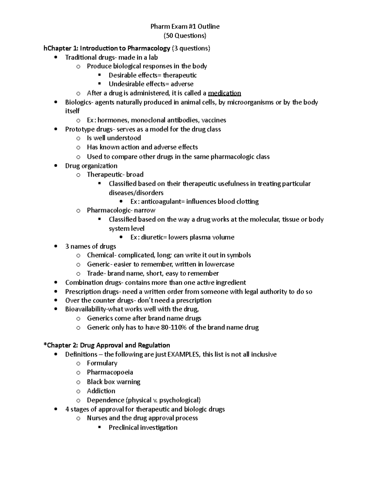 Pharm Exam #1 Outline - Lecture notes Exam 1 - (50 Questions) hChapter ...